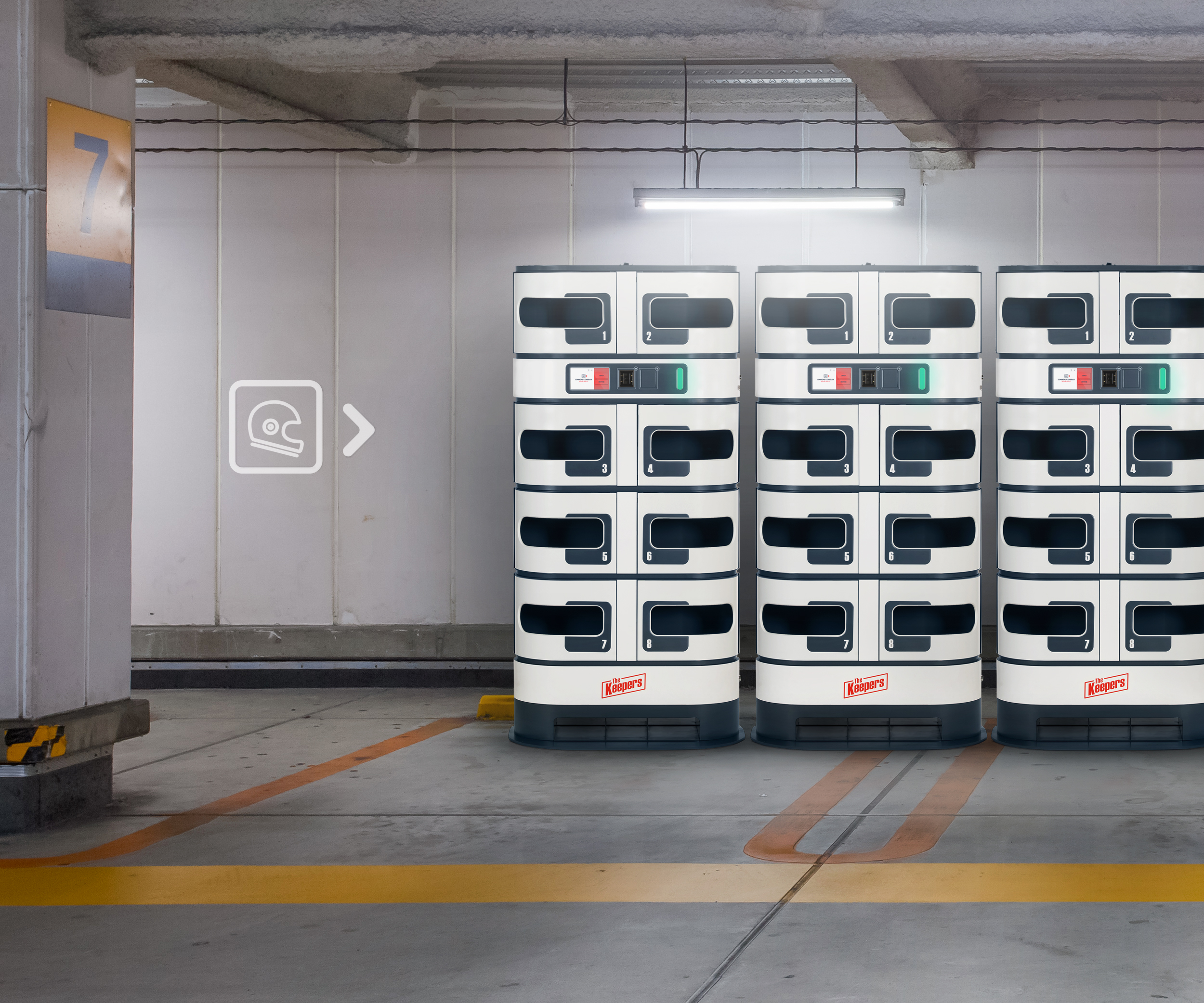 Helmet storage lockers for parking lots